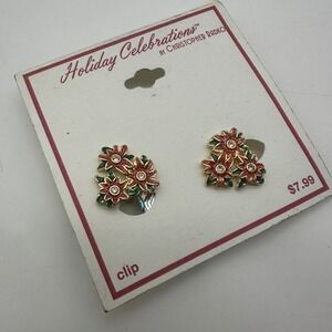 Christopher Radko Signed Clip On Earrings Christmas Ornament Rhinestone Enamel